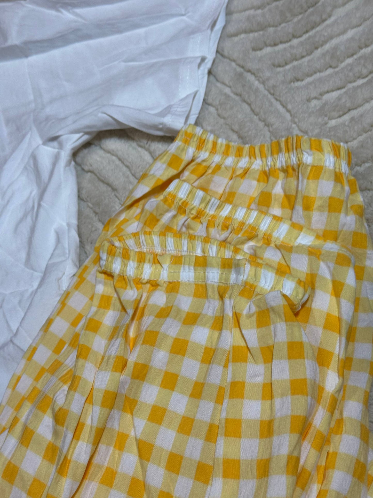 Women’s Pajama Set with Cartoon Print • White T-shirt and Yellow Checkered Pants • Cute Sleepwear for Home & Lounge