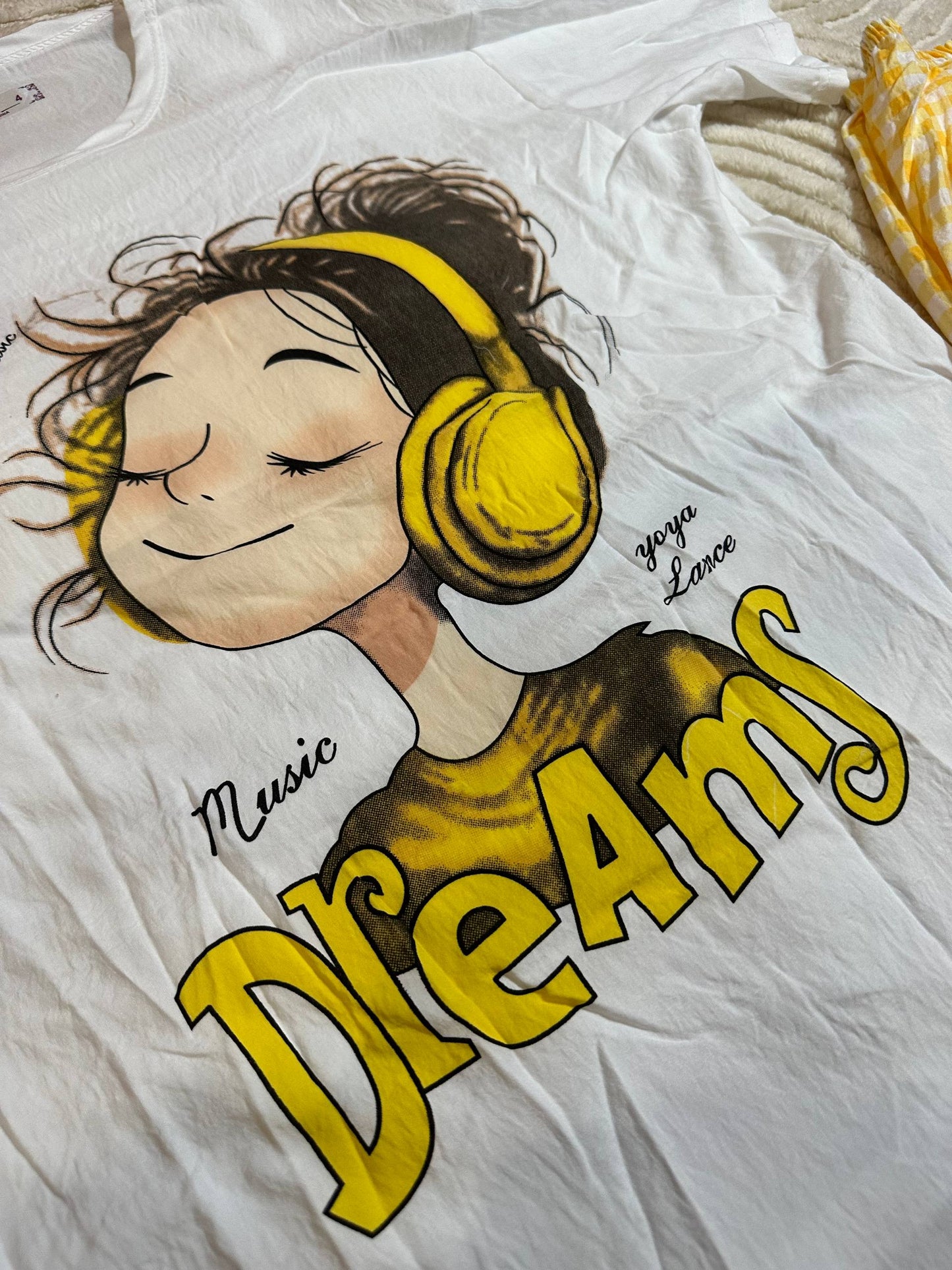 Women’s Pajama Set with Cartoon Print • White T-shirt and Yellow Checkered Pants • Cute Sleepwear for Home & Lounge