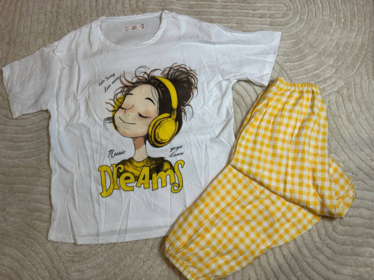 Women’s Pajama Set with Cartoon Print • White T-shirt and Yellow Checkered Pants • Cute Sleepwear for Home & Lounge