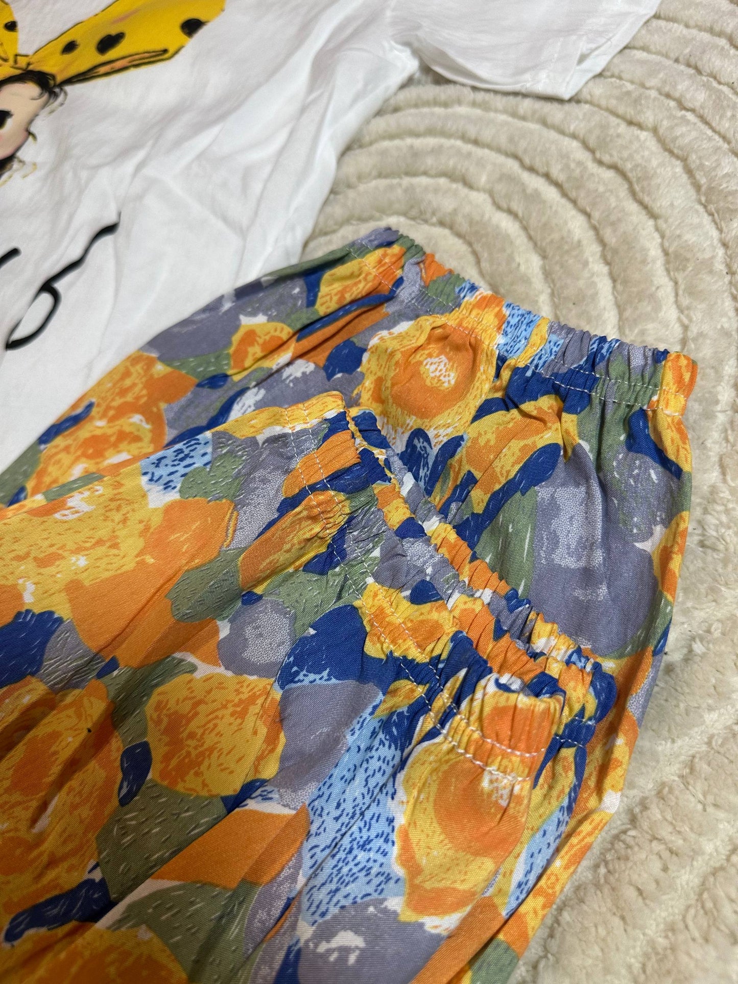 Women’s Pajama Set with Cute Girl Print • White T-shirt and Colorful Floral Pants • Cozy Sleepwear & Homewear