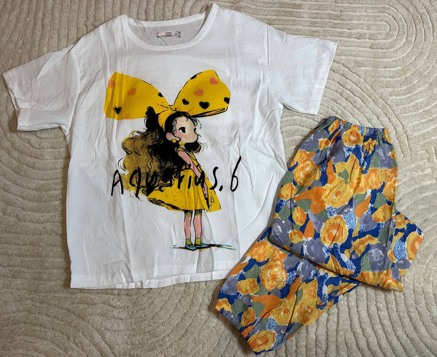 Women’s Pajama Set with Cute Girl Print • White T-shirt and Colorful Floral Pants • Cozy Sleepwear & Homewear