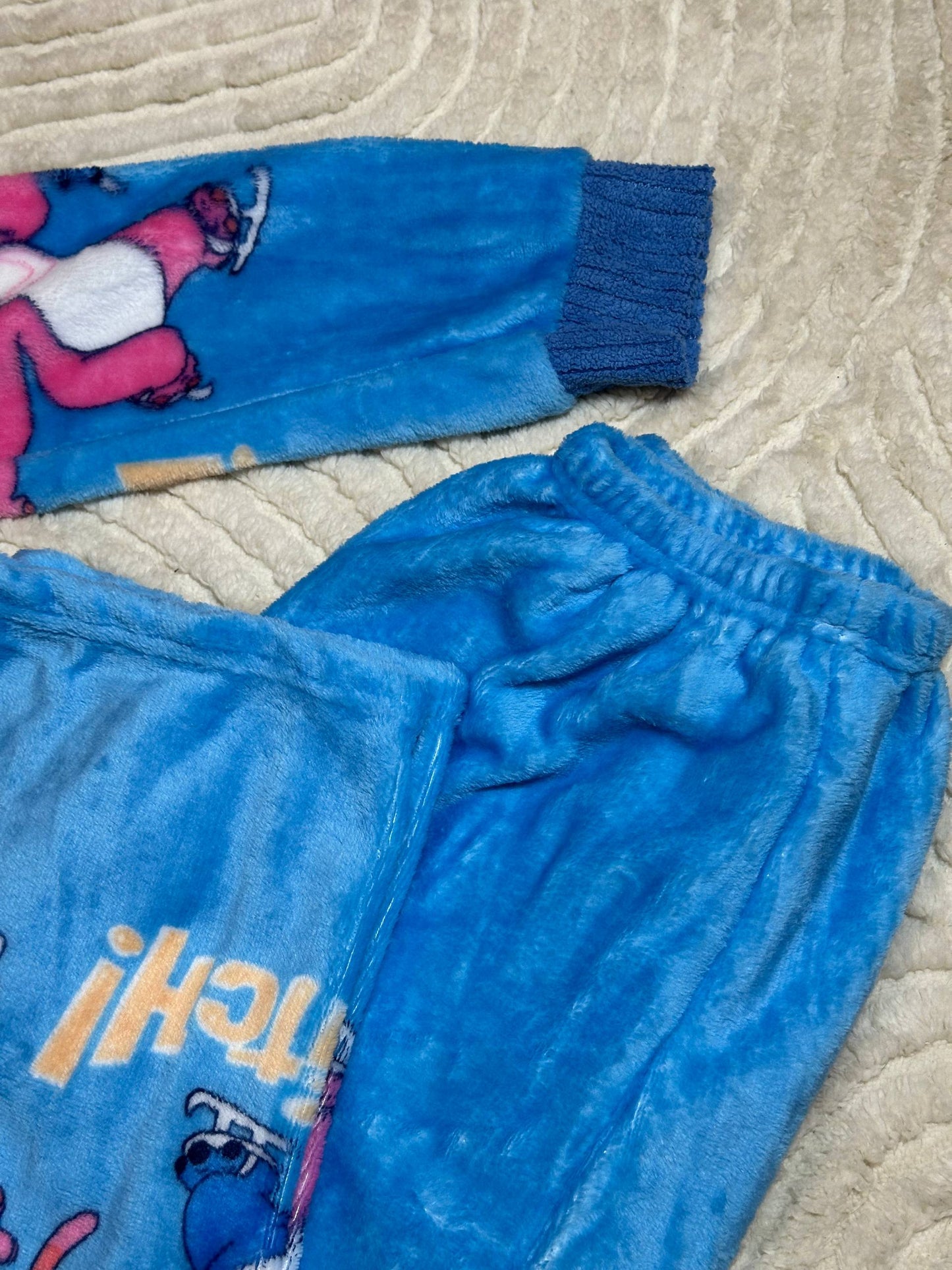 Warm Fleece Pajama Set • Blue Button-Up Cardigan and Pants with Cute Stitch Print • Cozy Winter Homewear