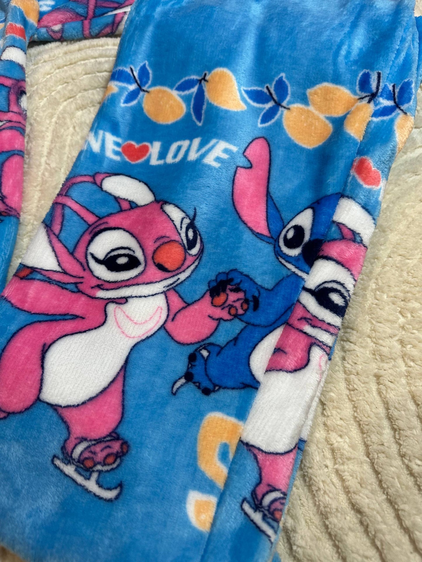 Warm Fleece Pajama Set • Blue Button-Up Cardigan and Pants with Cute Stitch Print • Cozy Winter Homewear