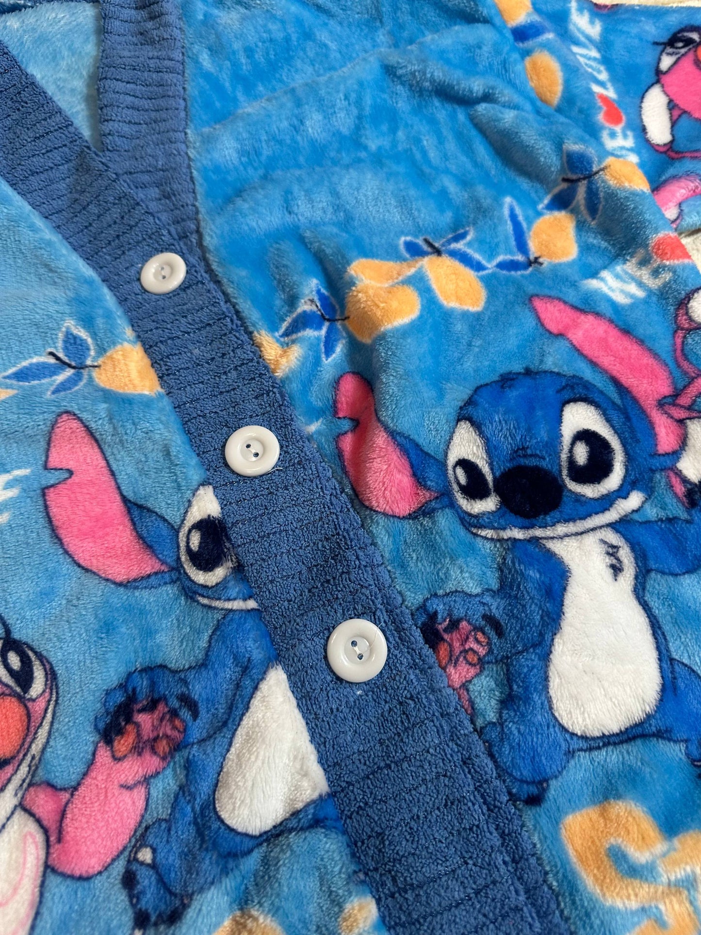 Warm Fleece Pajama Set • Blue Button-Up Cardigan and Pants with Cute Stitch Print • Cozy Winter Homewear