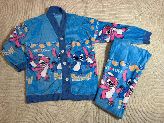Warm Fleece Pajama Set • Blue Button-Up Cardigan and Pants with Cute Stitch Print • Cozy Winter Homewear