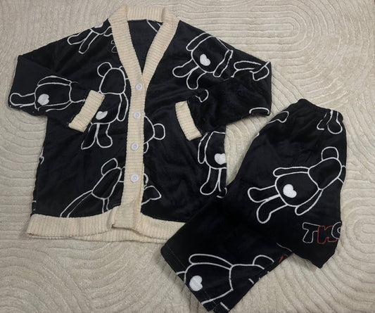 Women’s Fleece Pajama Set • Black and Beige Button-Up Sleepwear • Cozy Two-Piece Loungewear with Cartoon Bear Print
