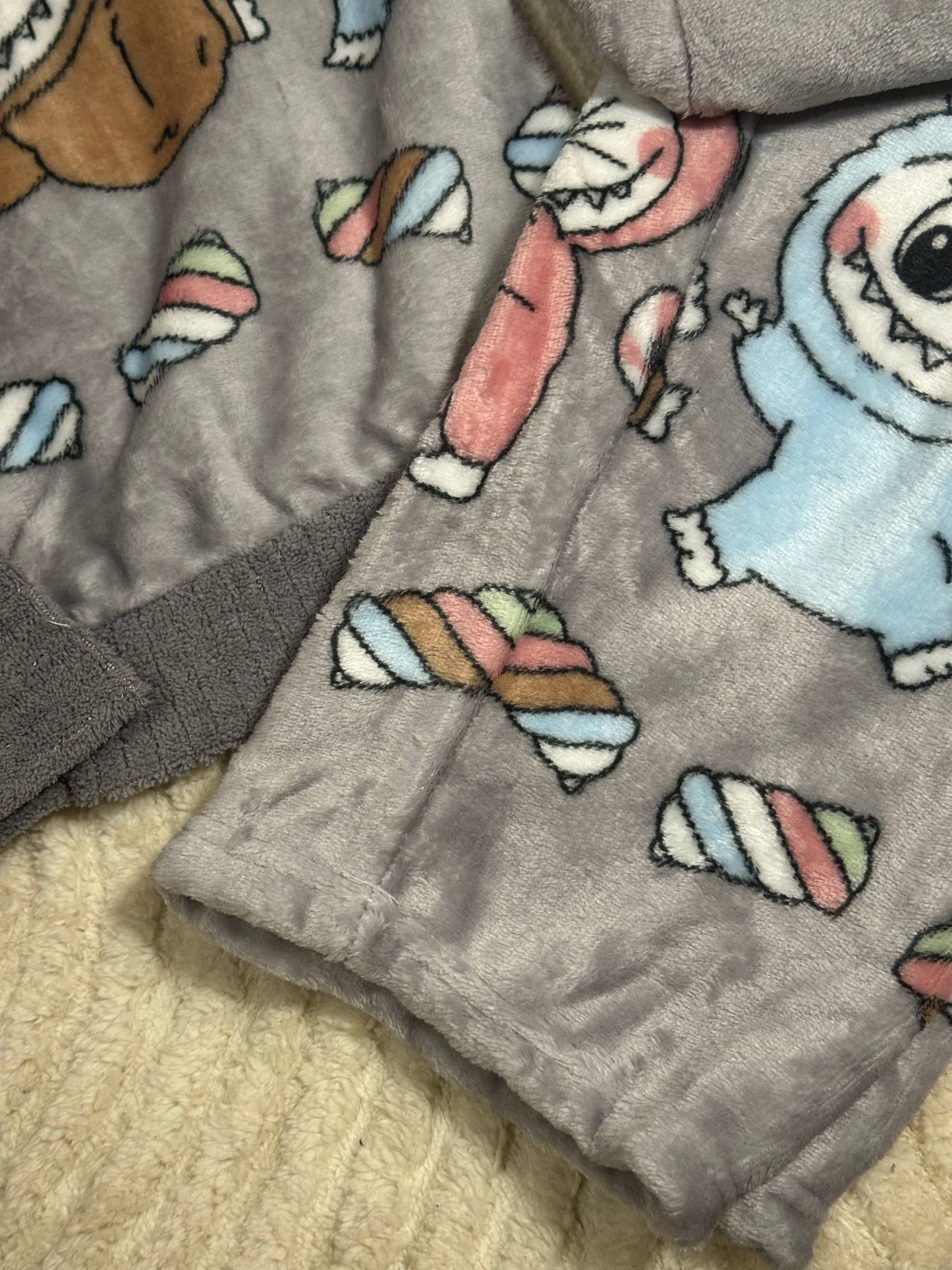 Labubu Pajama Set • Women’s Fleece Sleepwear • Gray Button-Up Loungewear with Cute Cartoon Characters