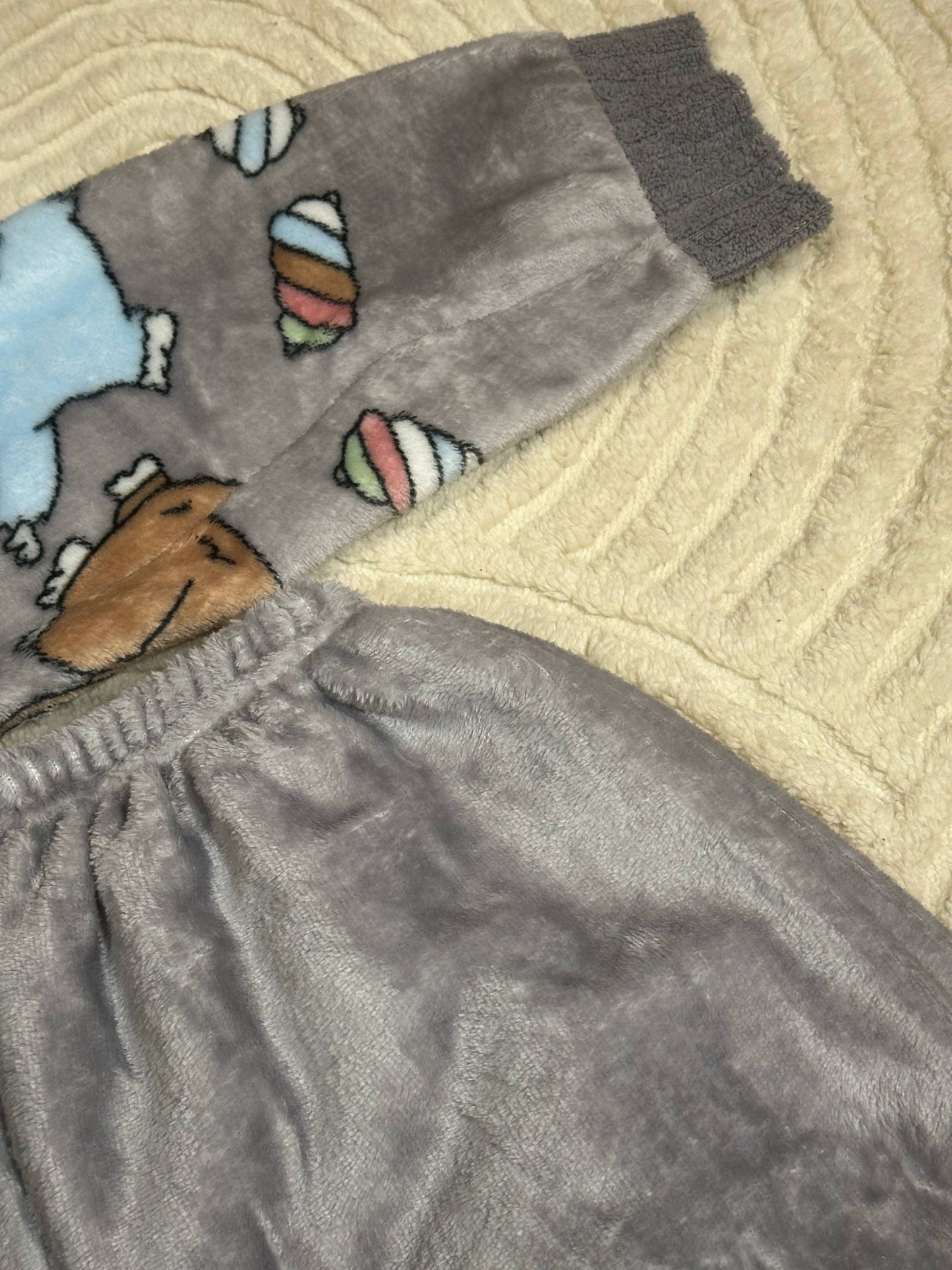 Labubu Pajama Set • Women’s Fleece Sleepwear • Gray Button-Up Loungewear with Cute Cartoon Characters