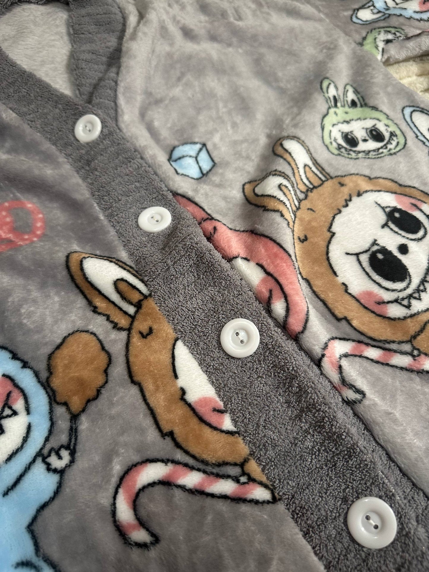 Labubu Pajama Set • Women’s Fleece Sleepwear • Gray Button-Up Loungewear with Cute Cartoon Characters