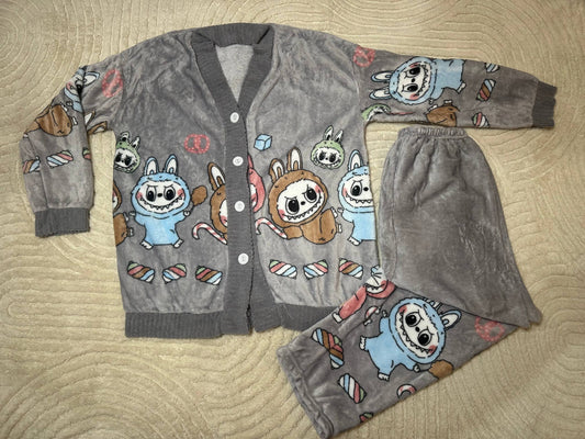 Labubu Pajama Set • Women’s Fleece Sleepwear • Gray Button-Up Loungewear with Cute Cartoon Characters