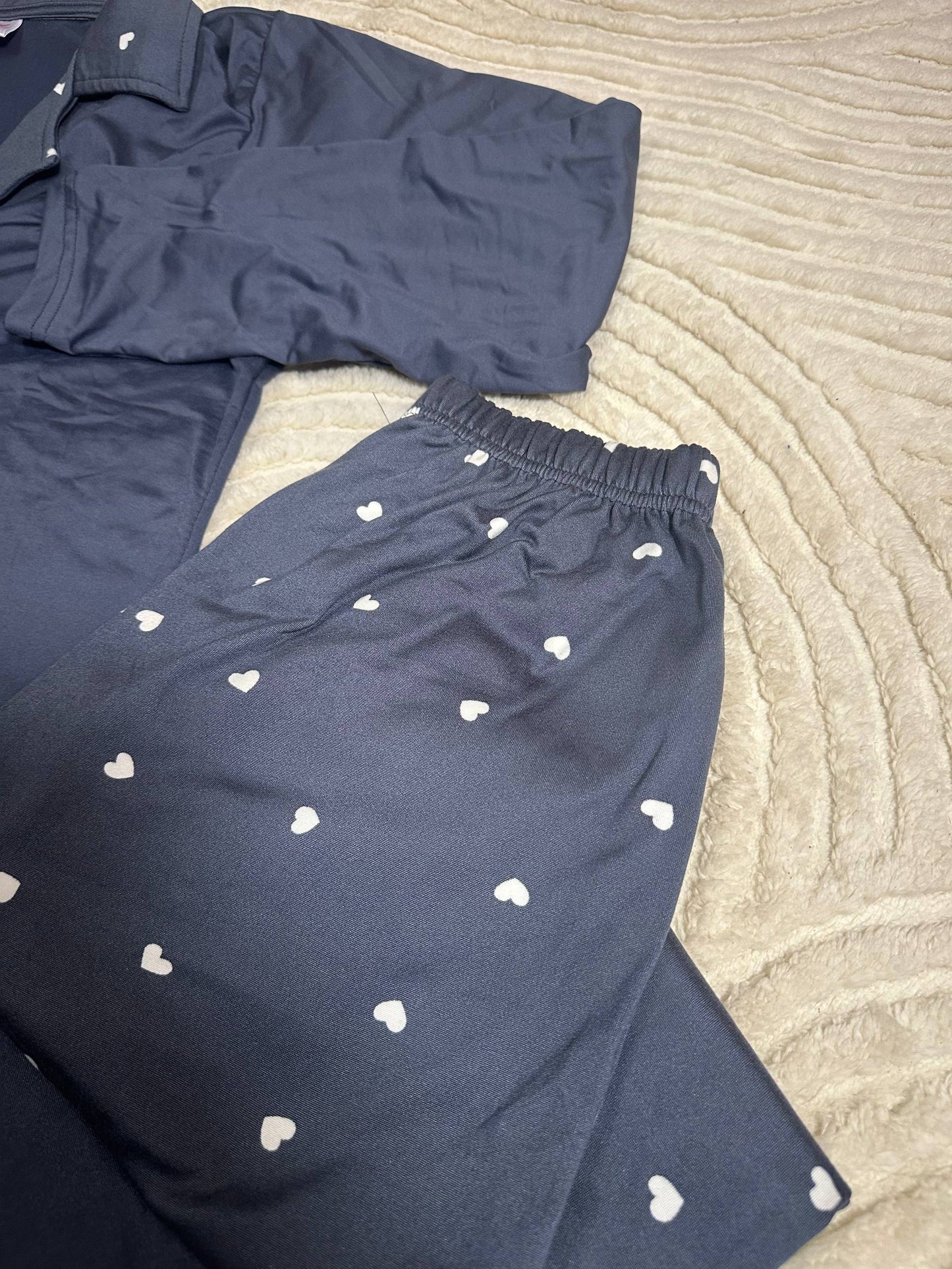 Women’s Navy Blue Pajama Set • Long Sleeve Button-Up Sleepwear with Tiny White Hearts