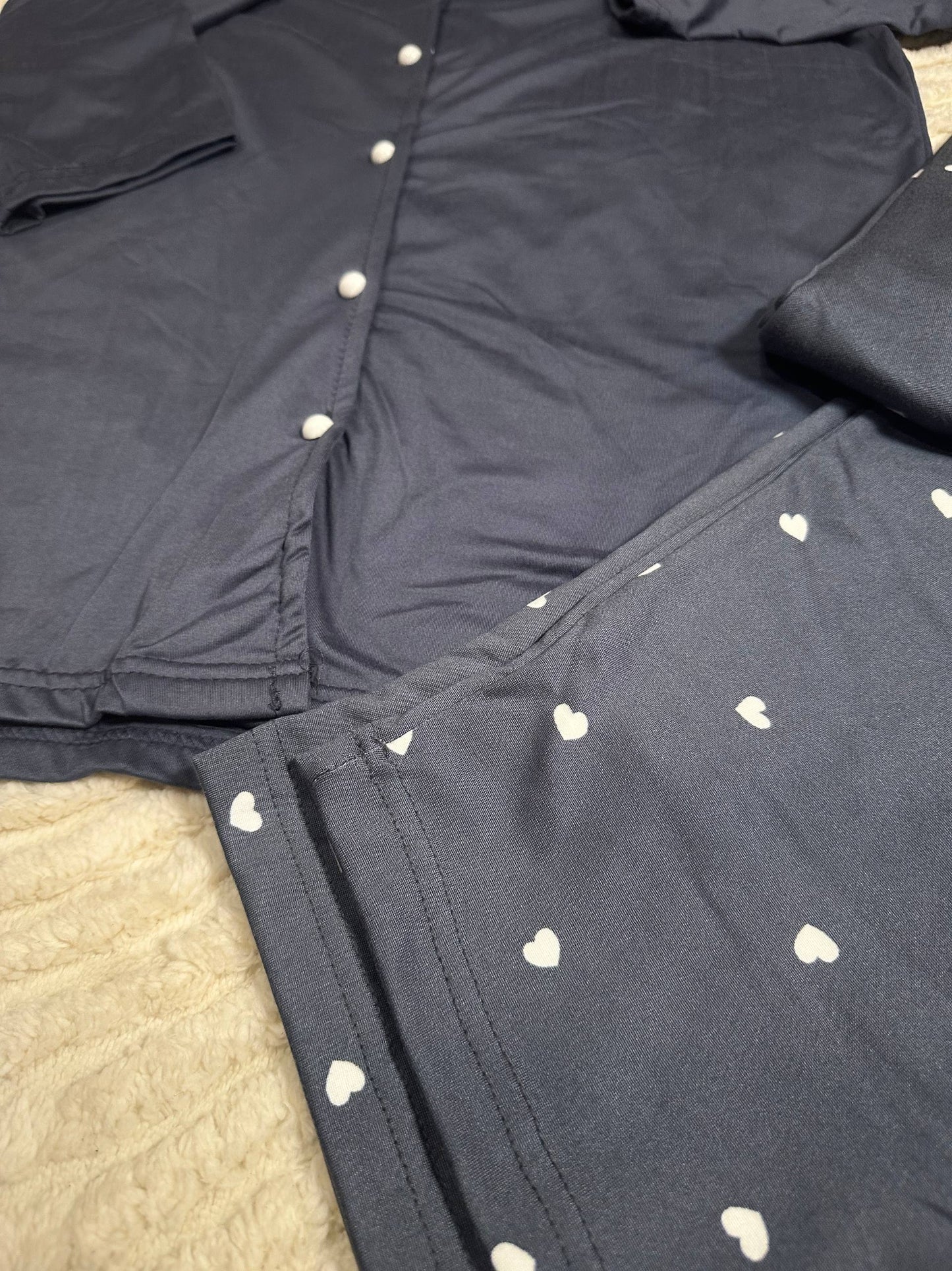 Women’s Navy Blue Pajama Set • Long Sleeve Button-Up Sleepwear with Tiny White Hearts