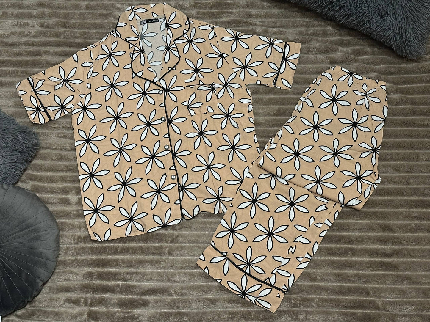 Beige Floral Women’s Pajama Set • Short Sleeve Button-Up Shirt & Long Pants • Lightweight Sleepwear