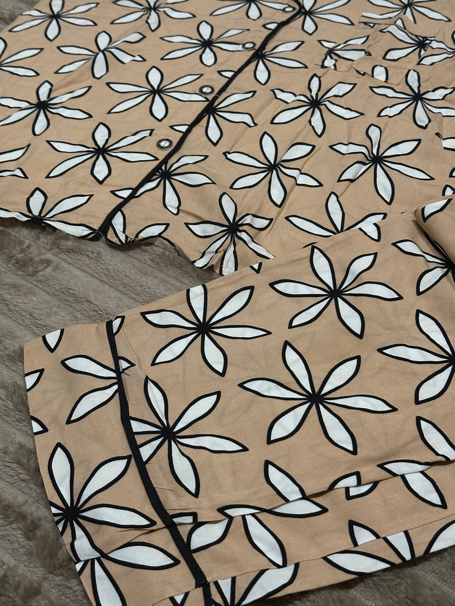 Beige Floral Women’s Pajama Set • Short Sleeve Button-Up Shirt & Long Pants • Lightweight Sleepwear