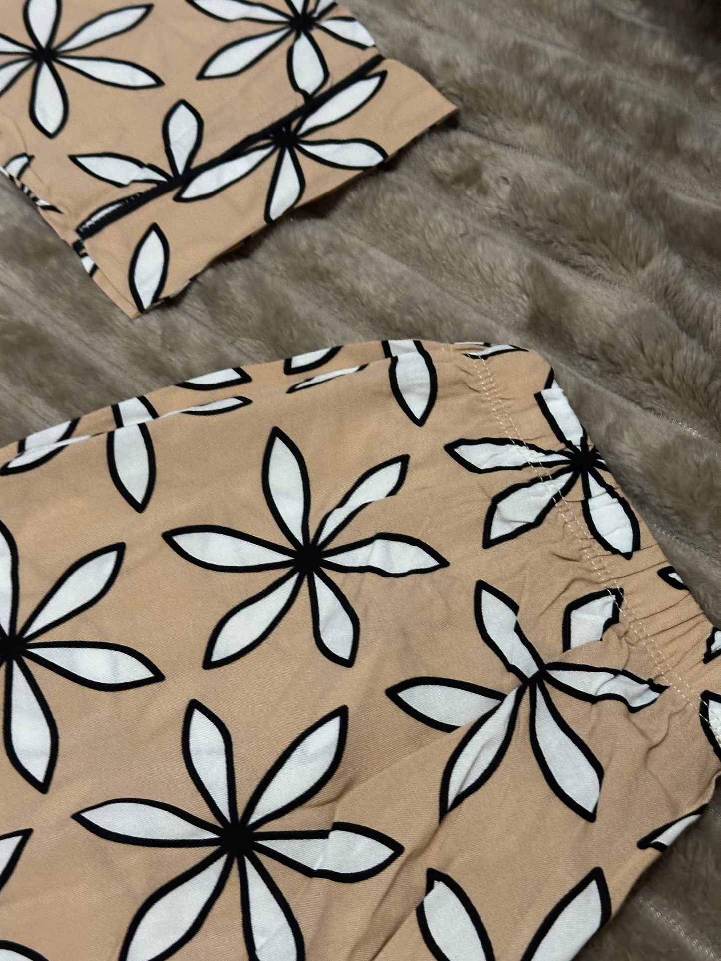 Beige Floral Women’s Pajama Set • Short Sleeve Button-Up Shirt & Long Pants • Lightweight Sleepwear