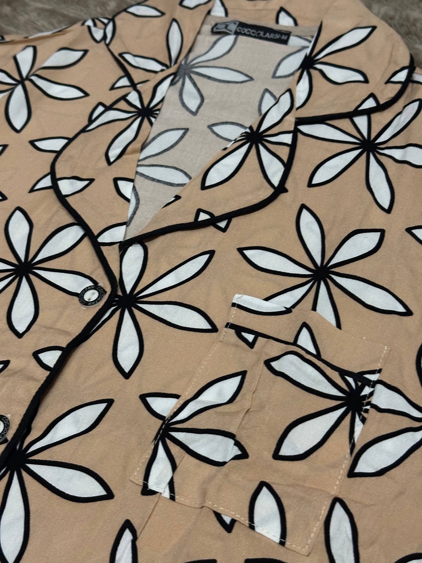 Beige Floral Women’s Pajama Set • Short Sleeve Button-Up Shirt & Long Pants • Lightweight Sleepwear