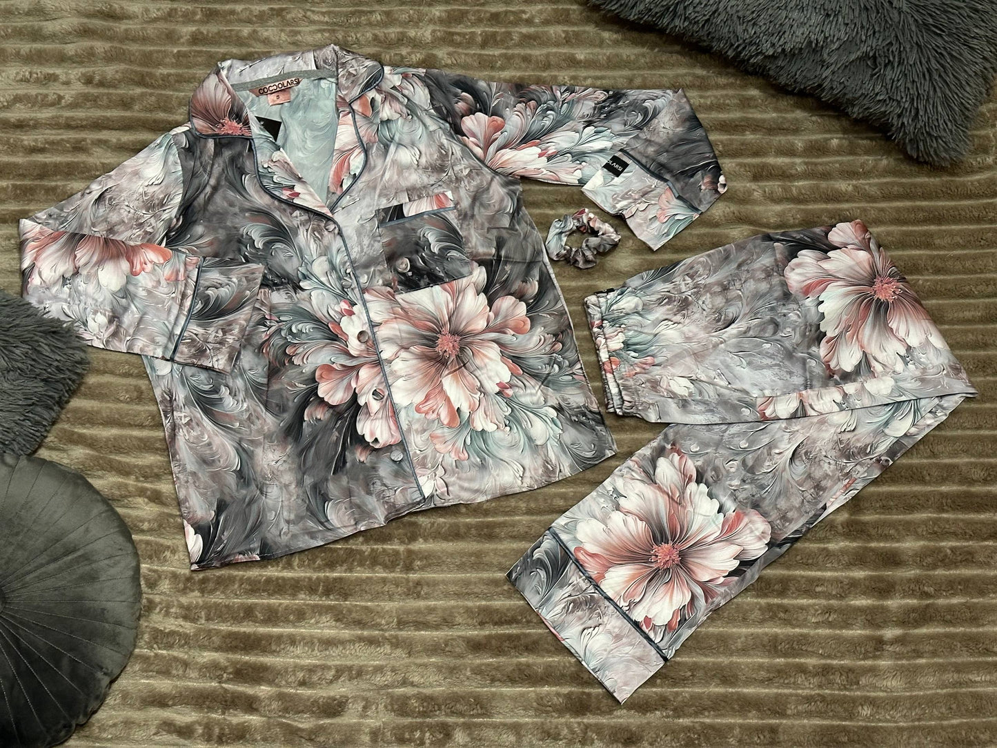 Women’s Floral Satin Pajama Set • Long Sleeve Button-Up Shirt & Pants • Elegant Sleepwear with Scrunchie