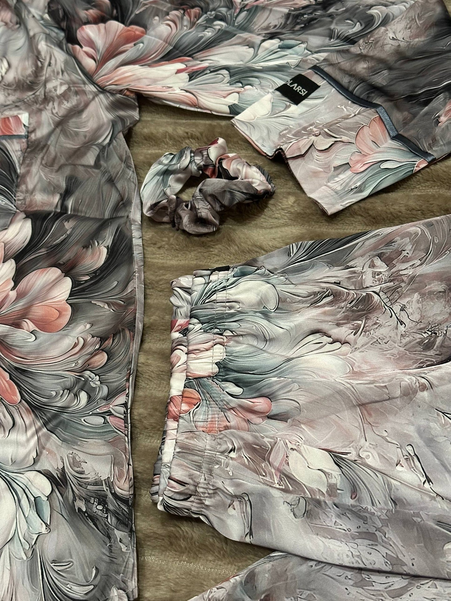 Women’s Floral Satin Pajama Set • Long Sleeve Button-Up Shirt & Pants • Elegant Sleepwear with Scrunchie