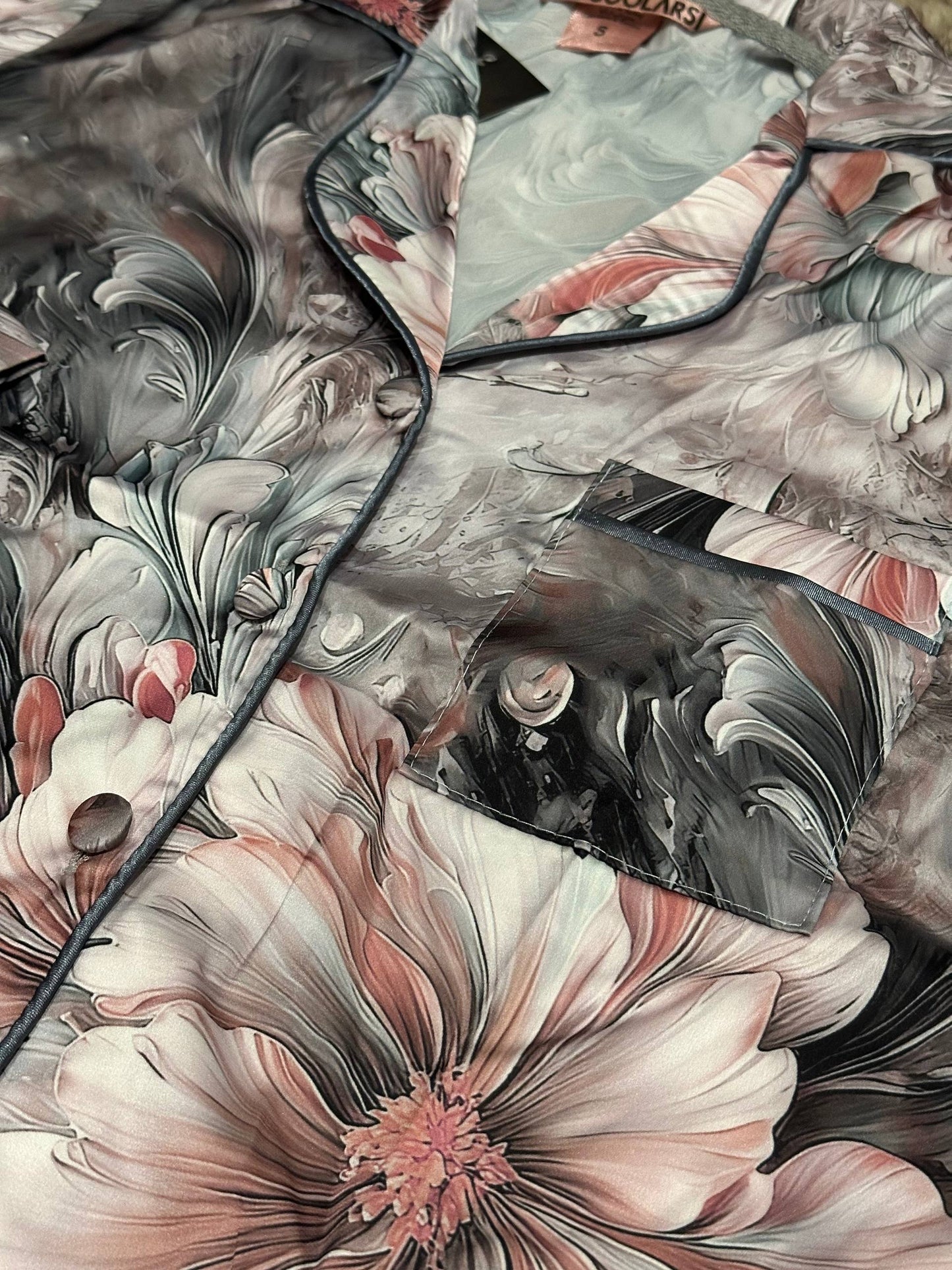 Women’s Floral Satin Pajama Set • Long Sleeve Button-Up Shirt & Pants • Elegant Sleepwear with Scrunchie