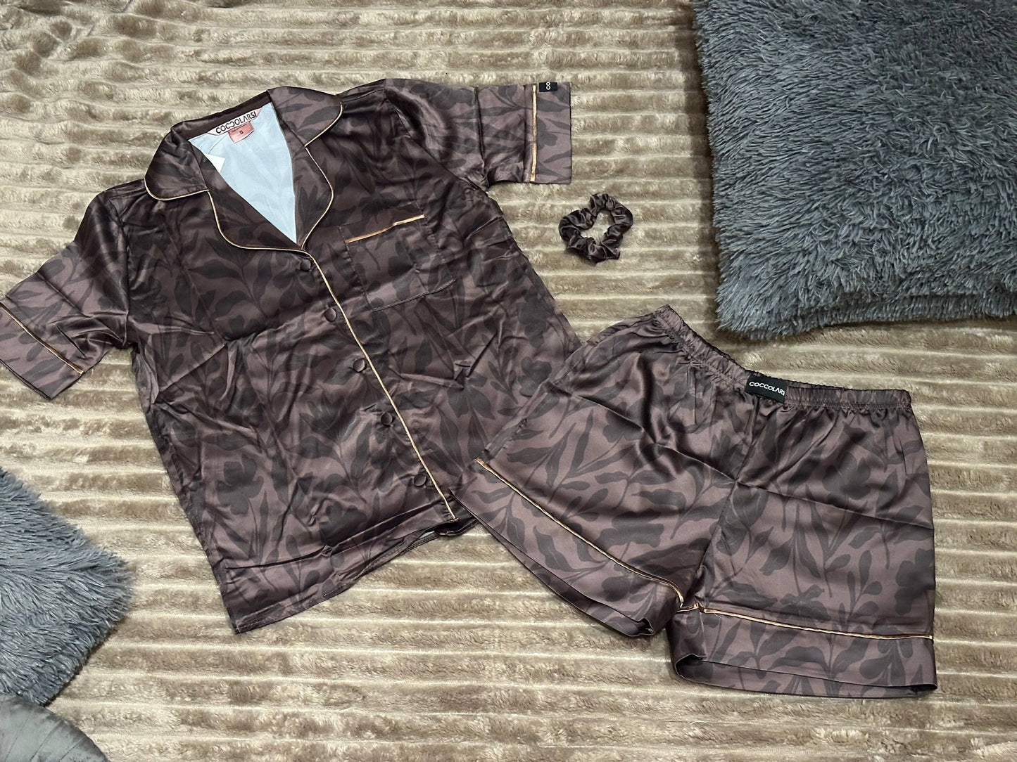 Women’s Brown Satin Pajama Set • Short Sleeve Button-Up Shirt & Shorts • Elegant Sleepwear with Scrunchie