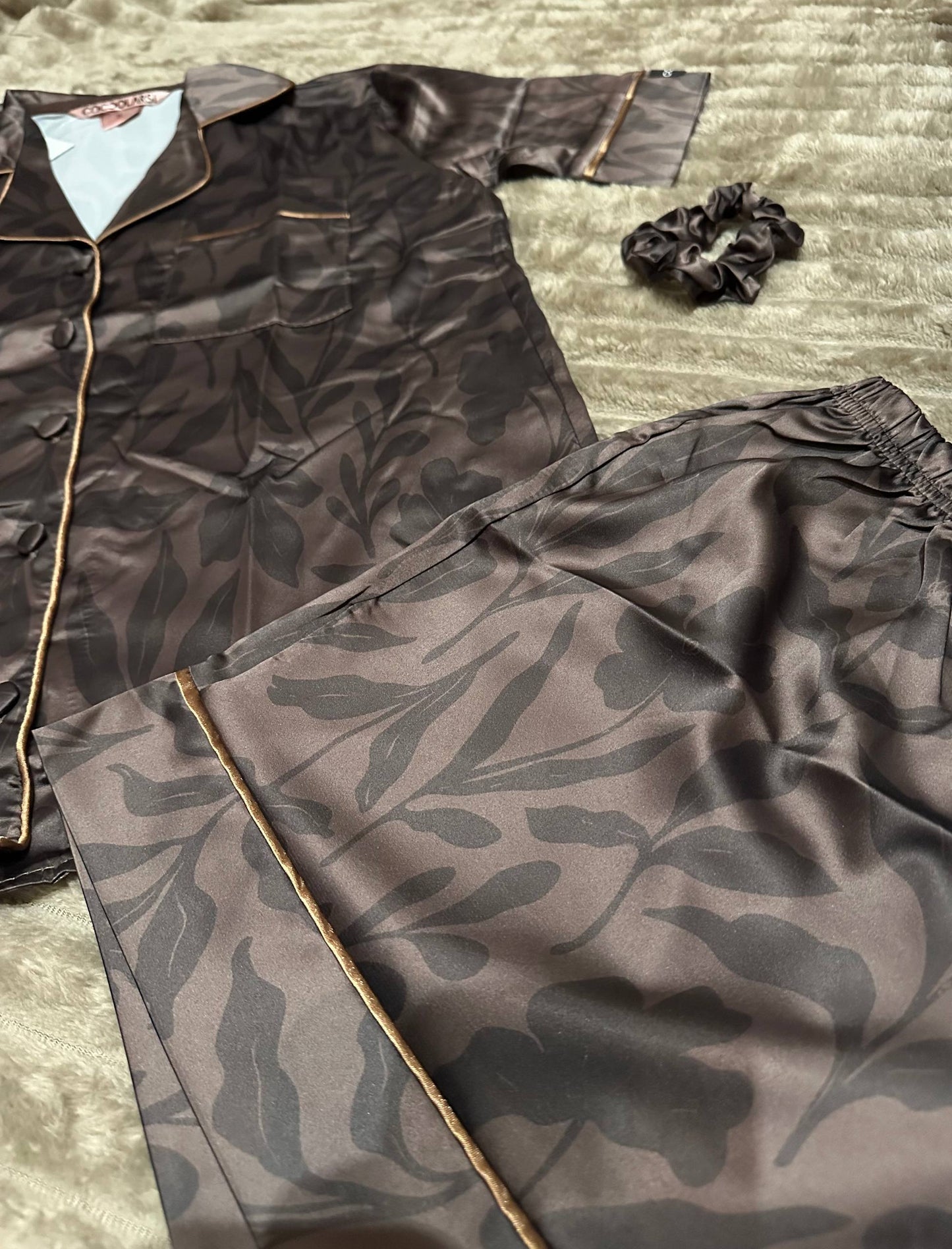 Women’s Brown Satin Pajama Set • Short Sleeve Button-Up Shirt & Shorts • Elegant Sleepwear with Scrunchie