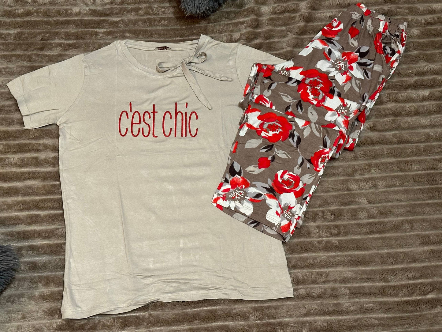 Women’s Pajama Set  – Short Sleeve Top & Floral Pants