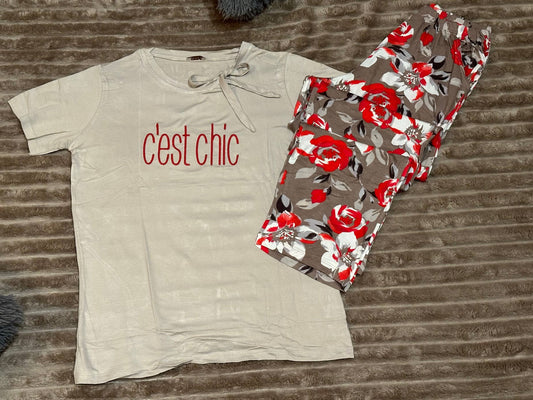 Women’s Pajama Set  – Short Sleeve Top & Floral Pants