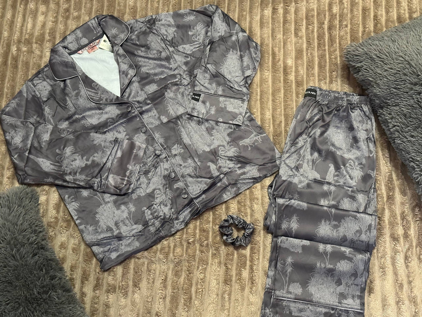 Satin Jungle Print Pajama Set + Matching Hair Scrunchie