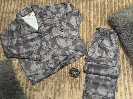 Satin Jungle Print Pajama Set + Matching Hair Scrunchie