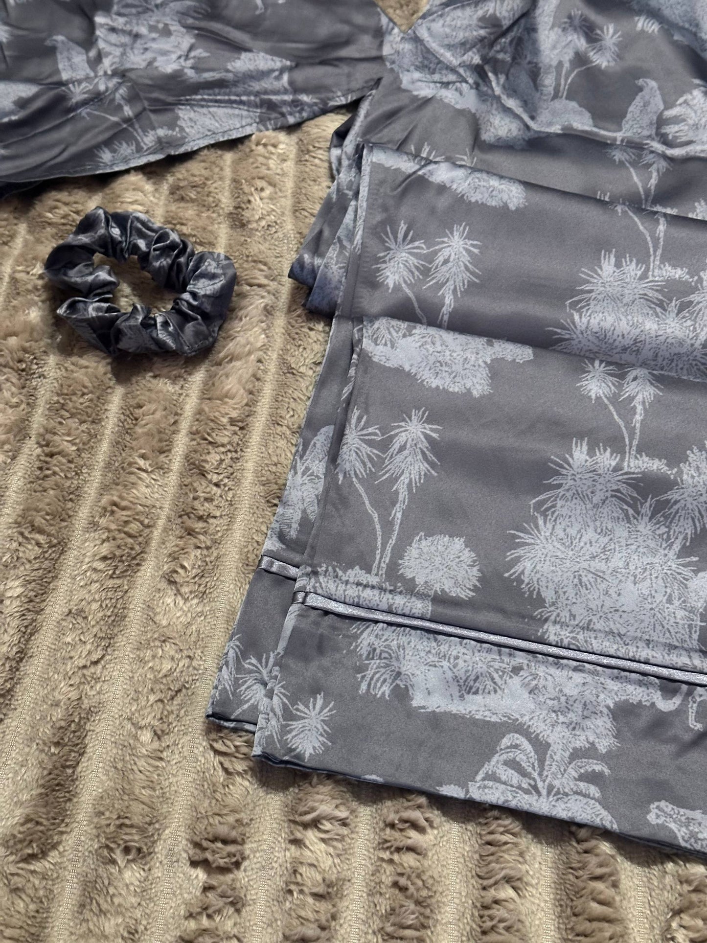 Satin Jungle Print Pajama Set + Matching Hair Scrunchie