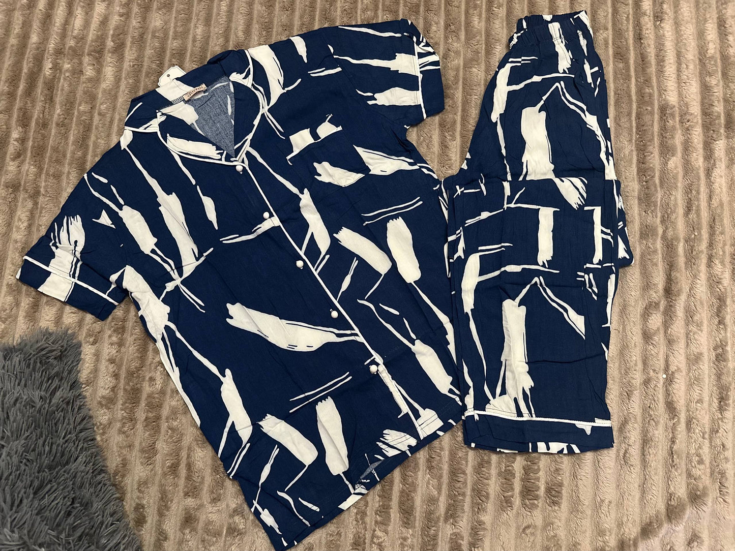 Women’s cotton (staple) pajama set – short sleeve shirt and pants, navy blue with white print