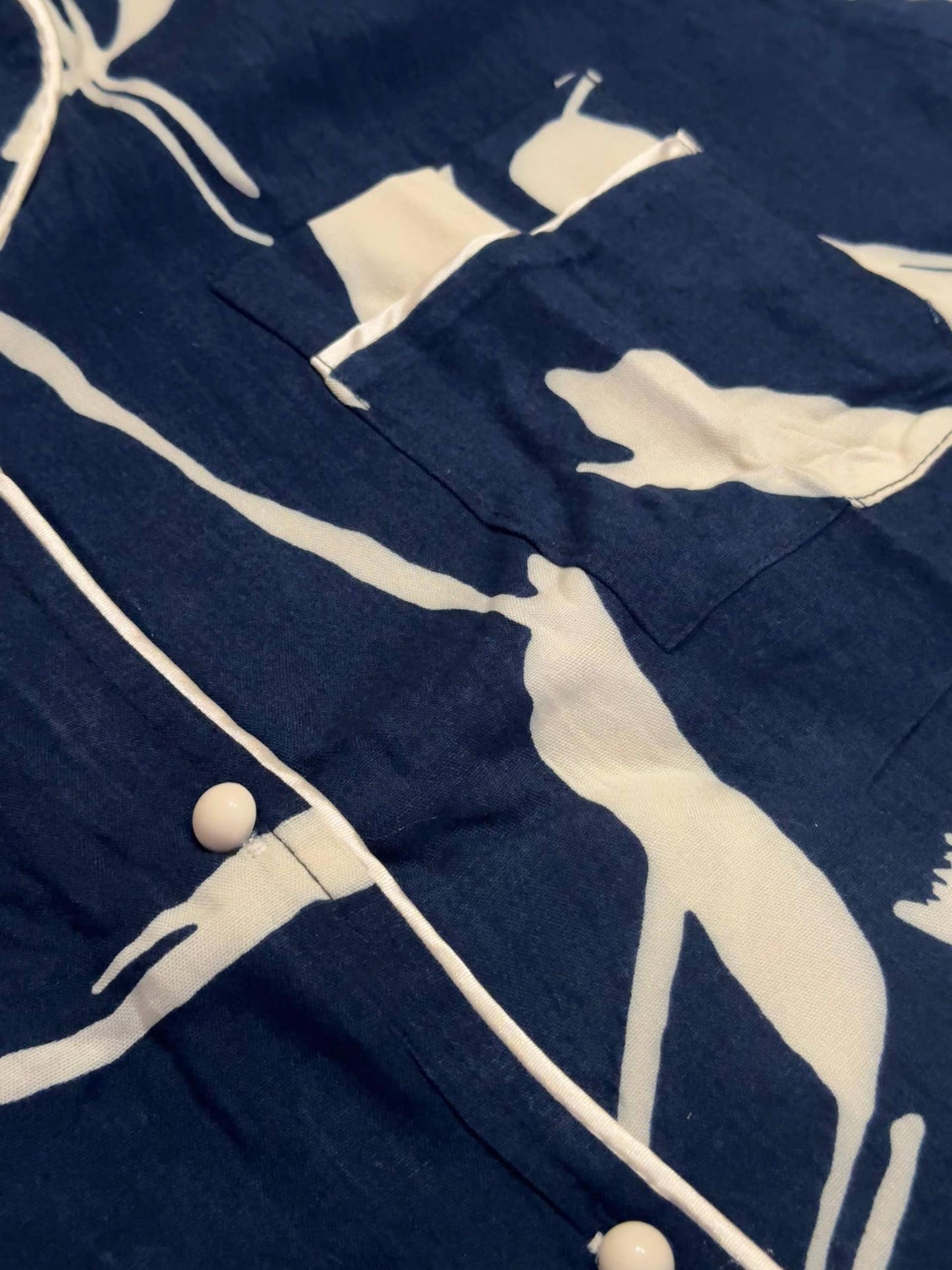 Women’s cotton (staple) pajama set – short sleeve shirt and pants, navy blue with white print