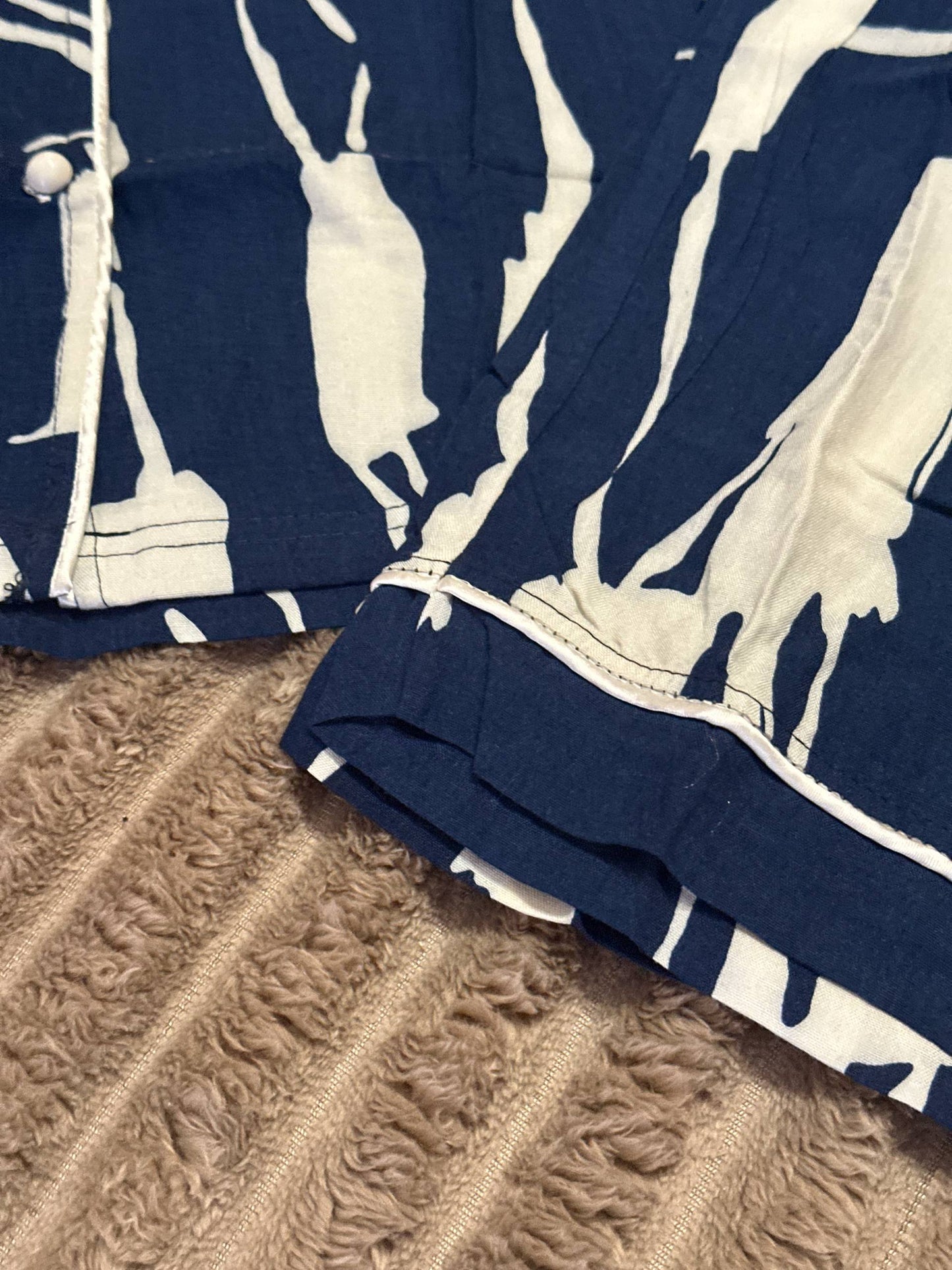 Women’s cotton (staple) pajama set – short sleeve shirt and pants, navy blue with white print