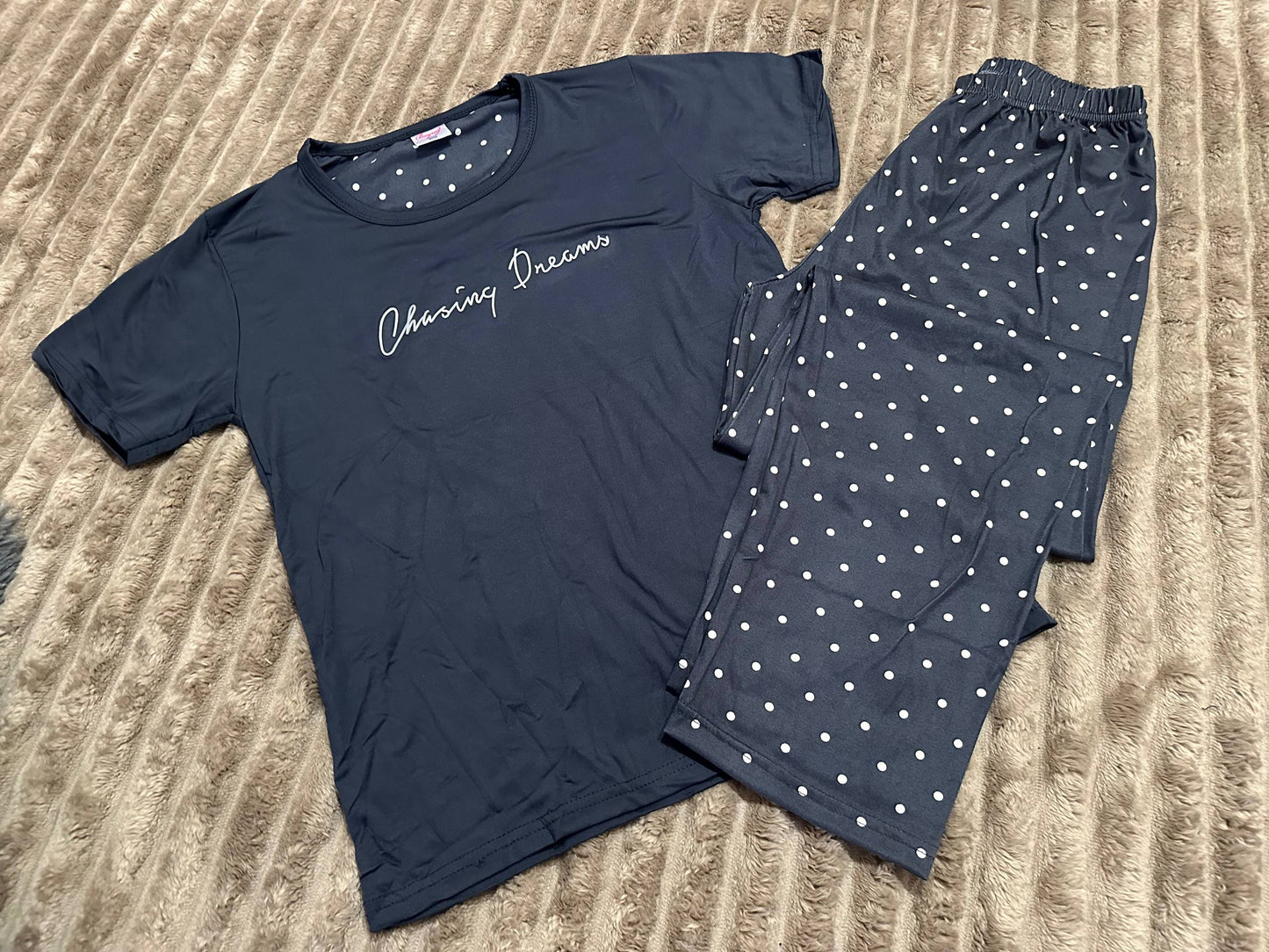 Women’s navy pajama set “Chasing Dreams” with polka dot pants
