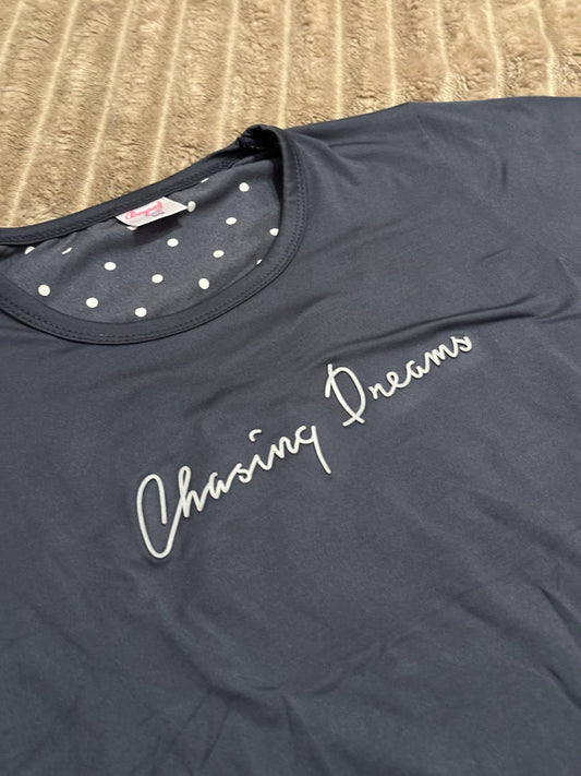 Women’s navy pajama set “Chasing Dreams” with polka dot pants