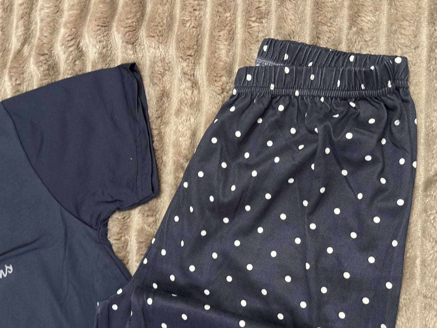 Women’s navy pajama set “Chasing Dreams” with polka dot pants