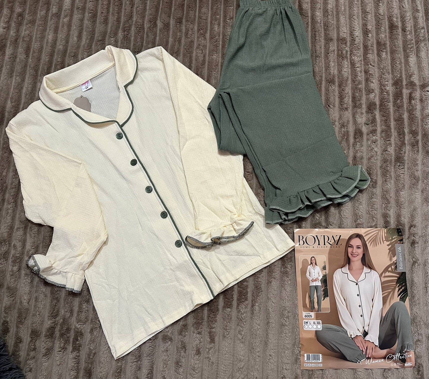Women’s pajama set with ruffles – cream and green button-up sleepwear