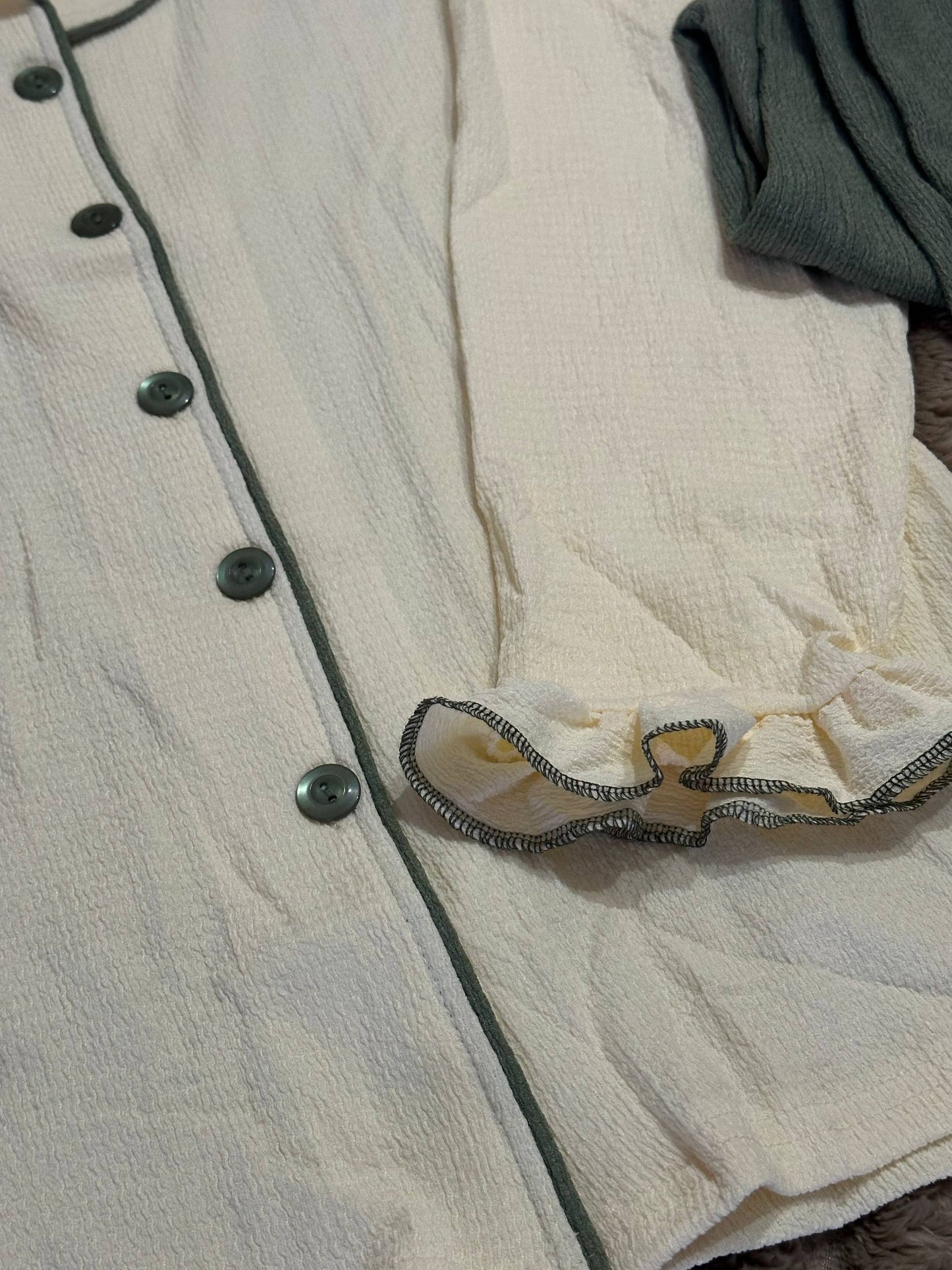 Women’s pajama set with ruffles – cream and green button-up sleepwear