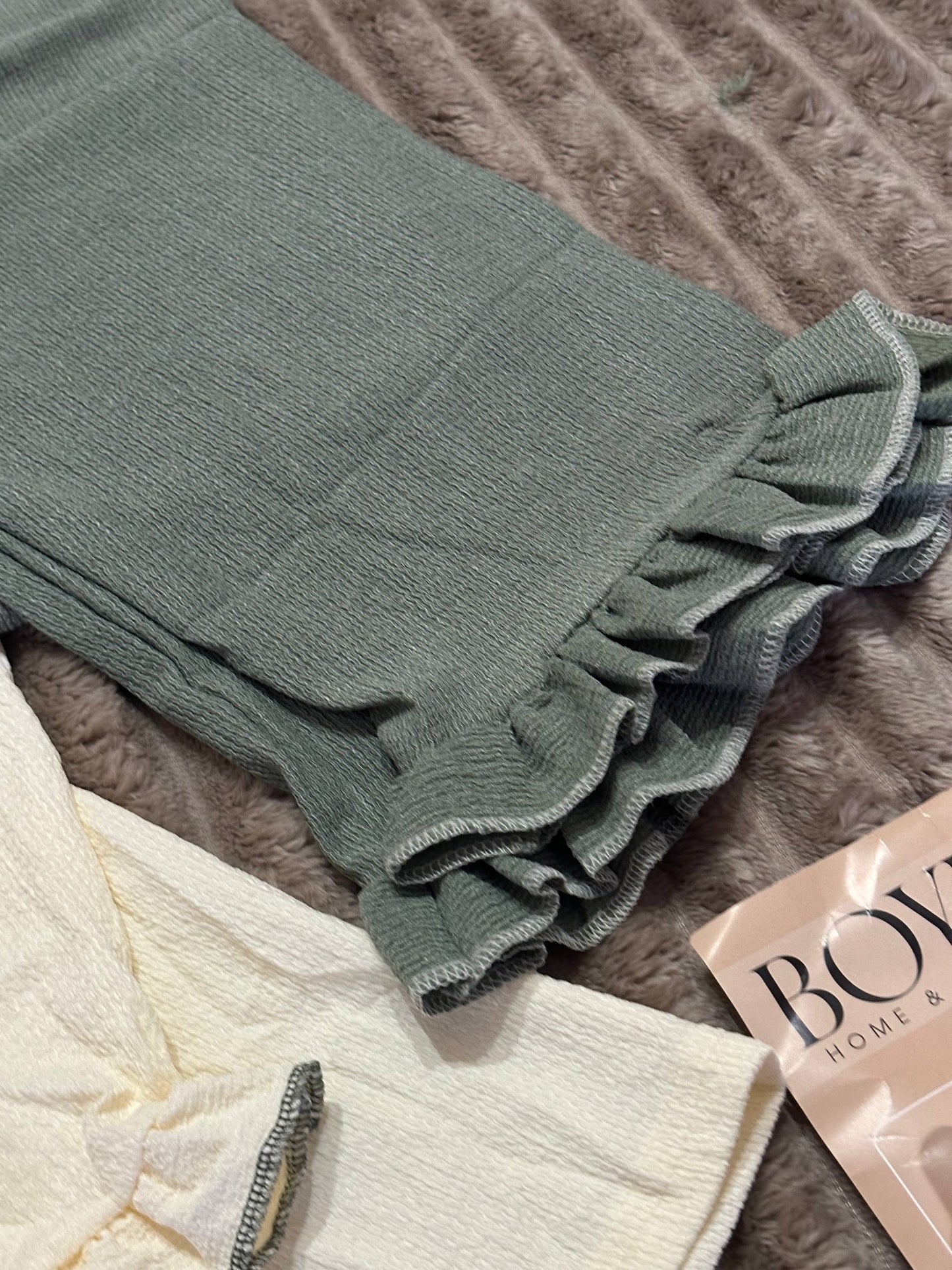 Women’s pajama set with ruffles – cream and green button-up sleepwear