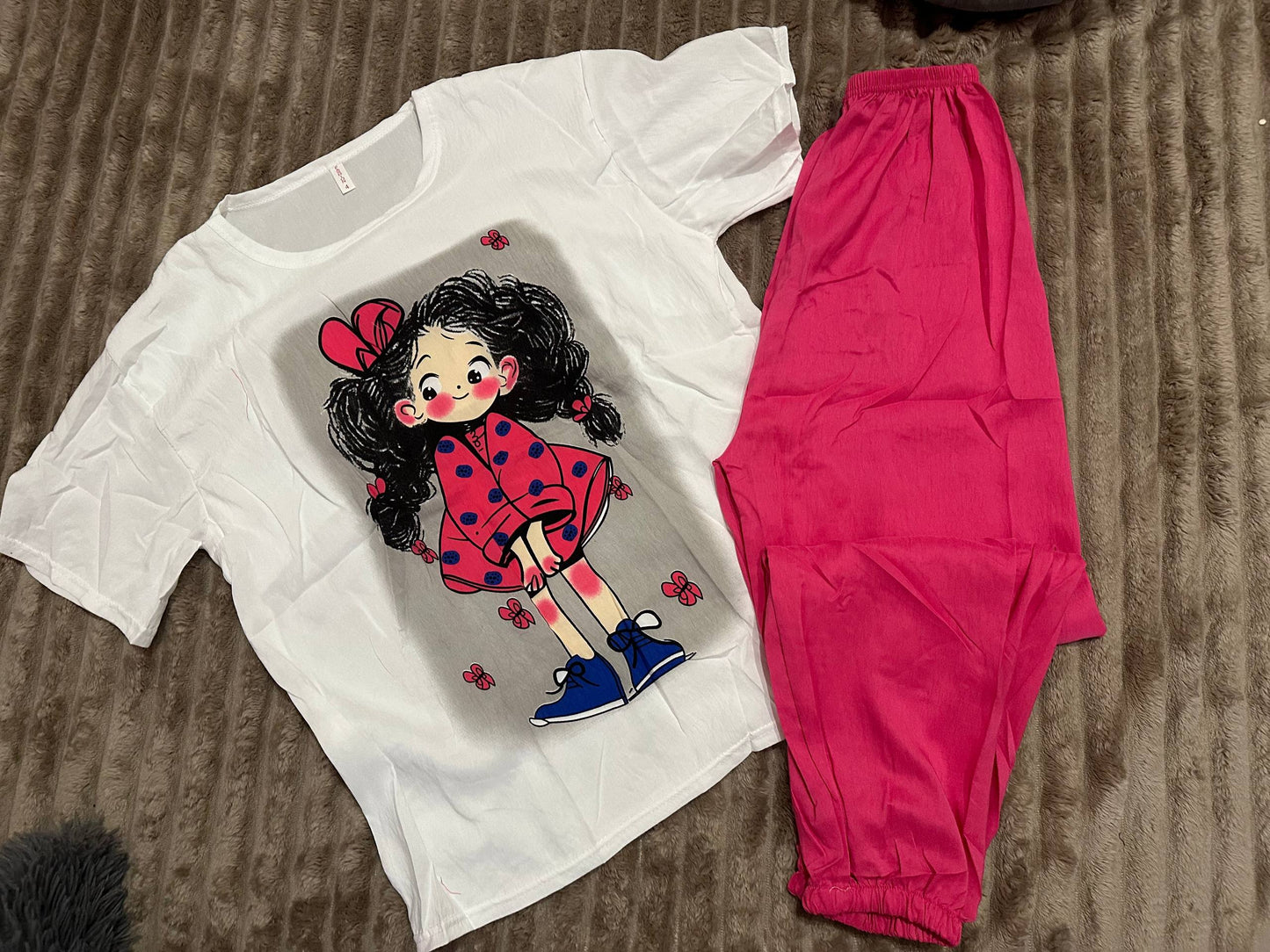 Women’s pajama set with cute girl print – white & pink Cloud Cotton homewear