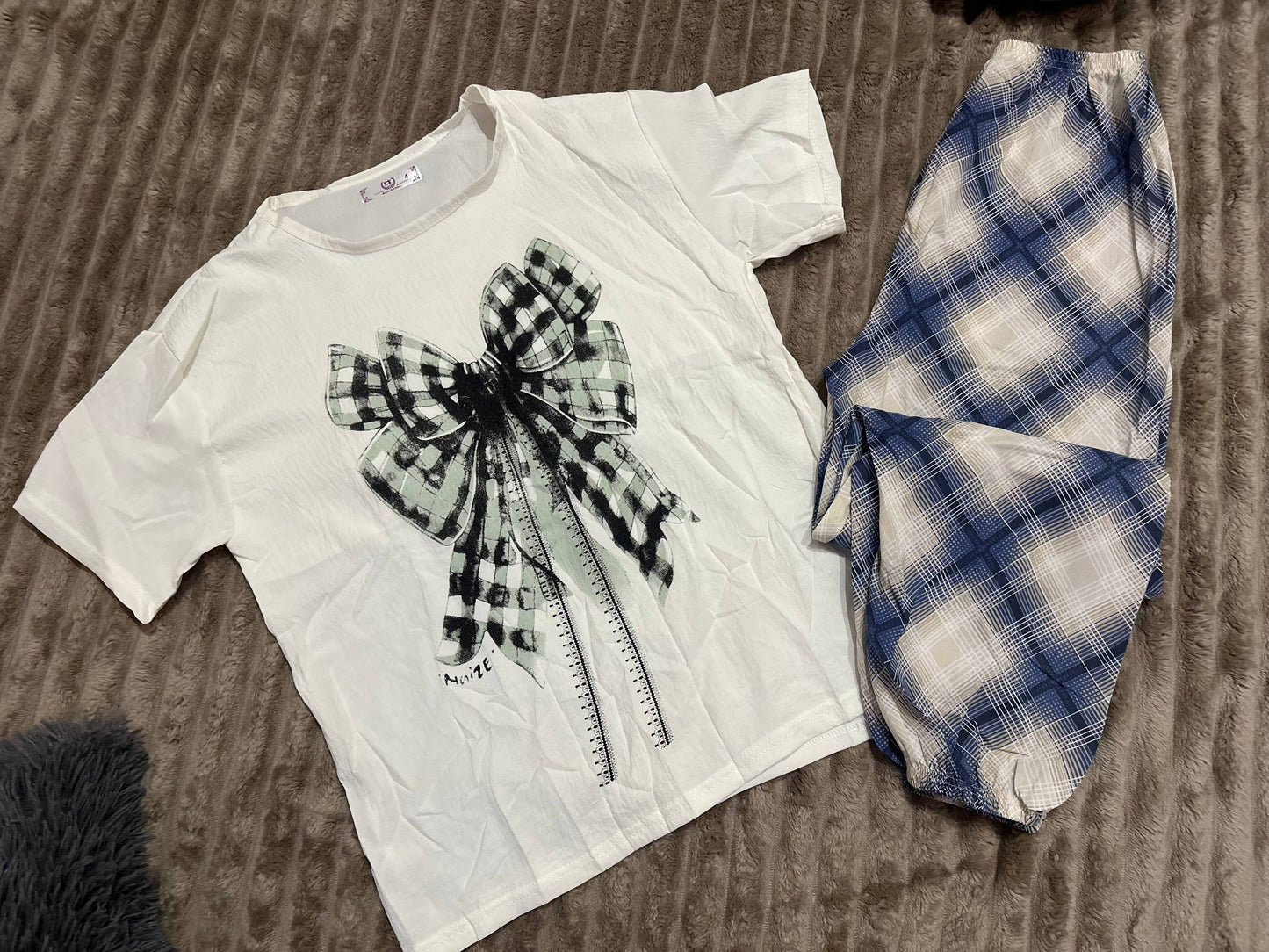 Women’s pajama set with bow print – white & blue Cloud Cotton homewear