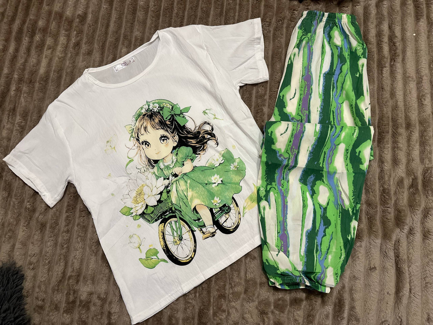Women’s pajama set with green anime girl print – white & green Cloud Cotton homewear