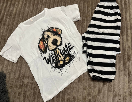 Women’s pajama set with dog print – white & black Cloud Cotton homewear