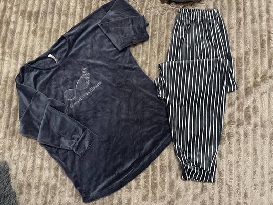 Women’s velour pajama set with striped pants – dark grey cozy homewear