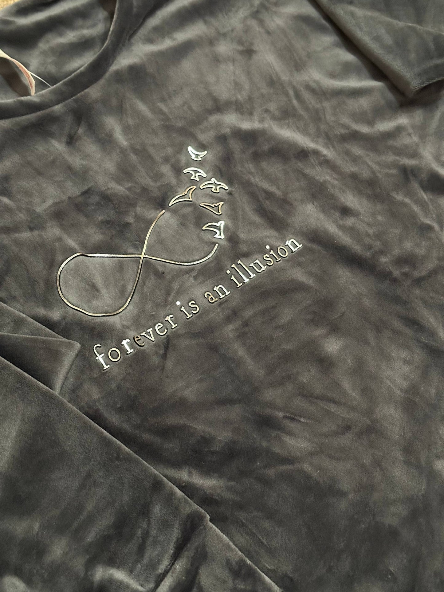 Women’s velour pajama set with striped pants – dark grey cozy homewear