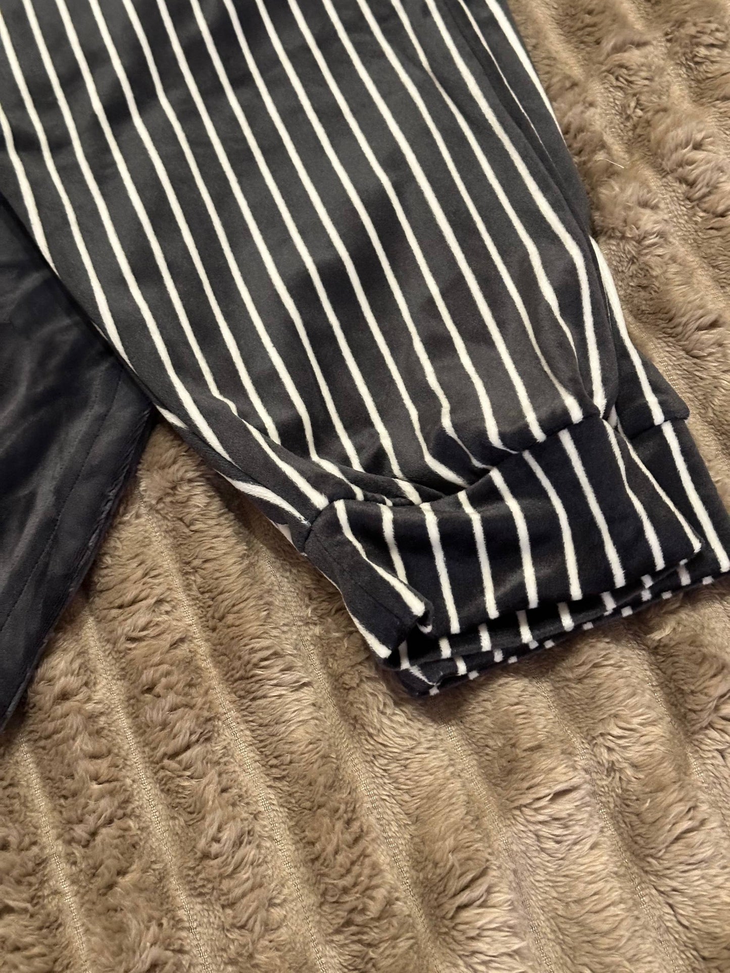 Women’s velour pajama set with striped pants – dark grey cozy homewear
