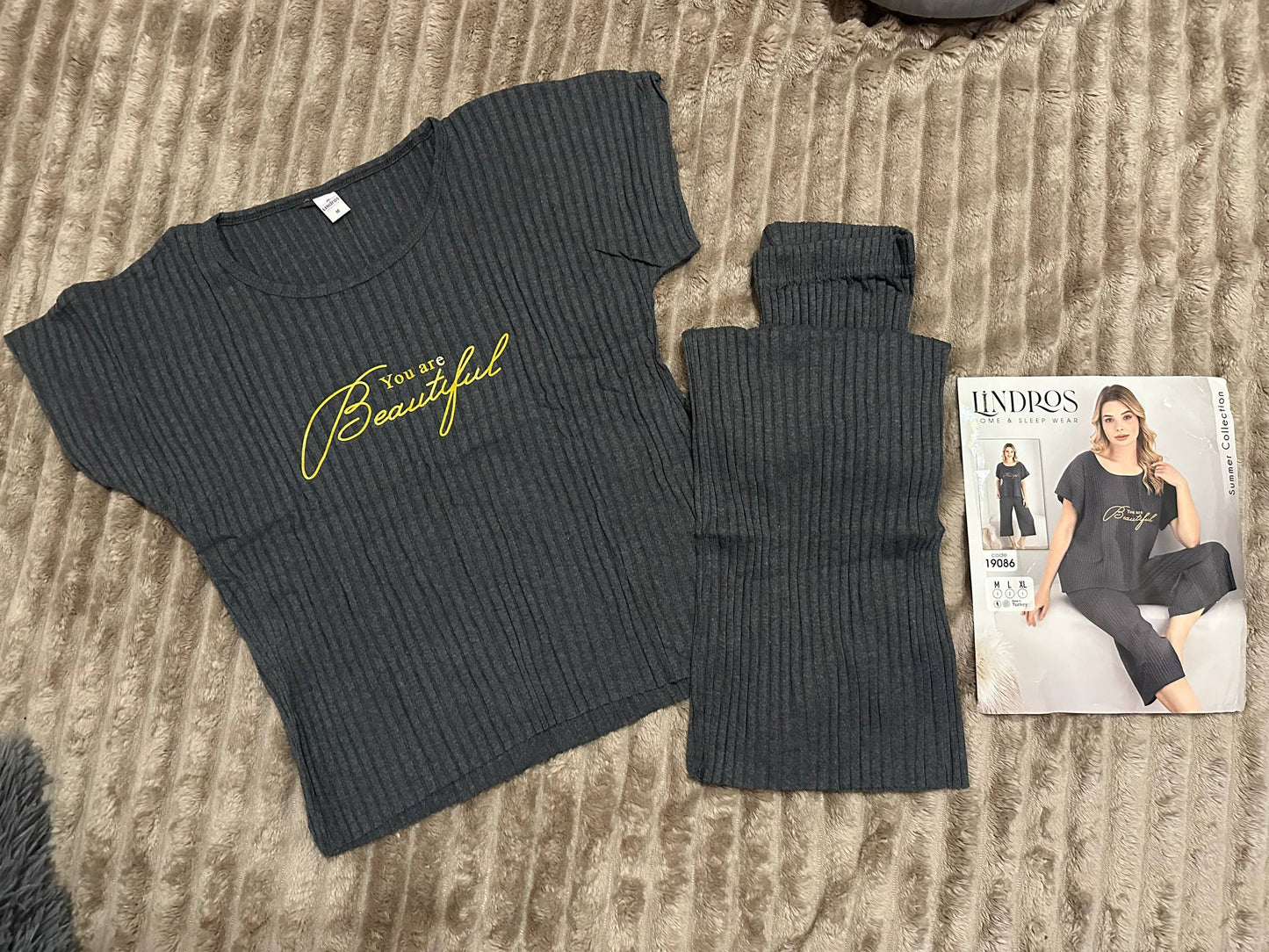 Women’s ribbed cotton pajama set – dark grey “You Are Beautiful”