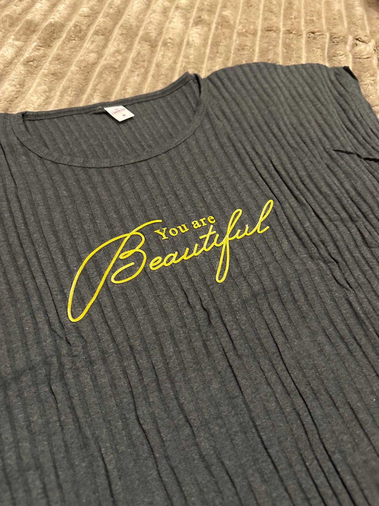 Women’s ribbed cotton pajama set – dark grey “You Are Beautiful”