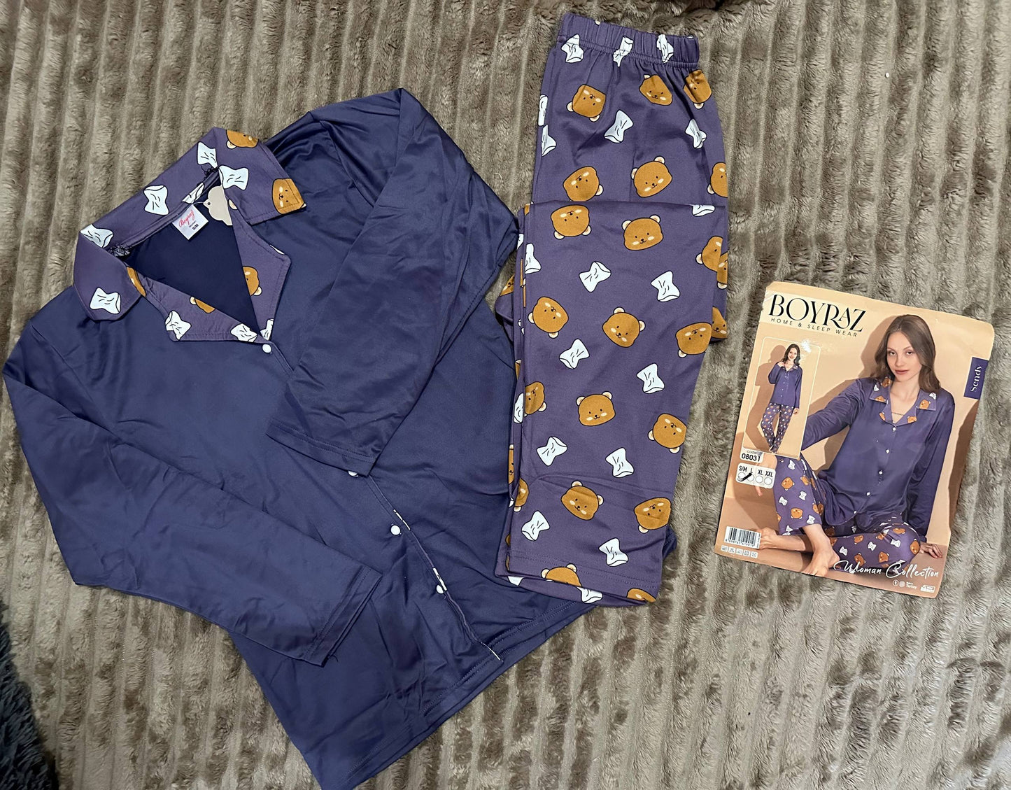 Women’s pajama set with cute bear print – navy & purple Viscose homewear