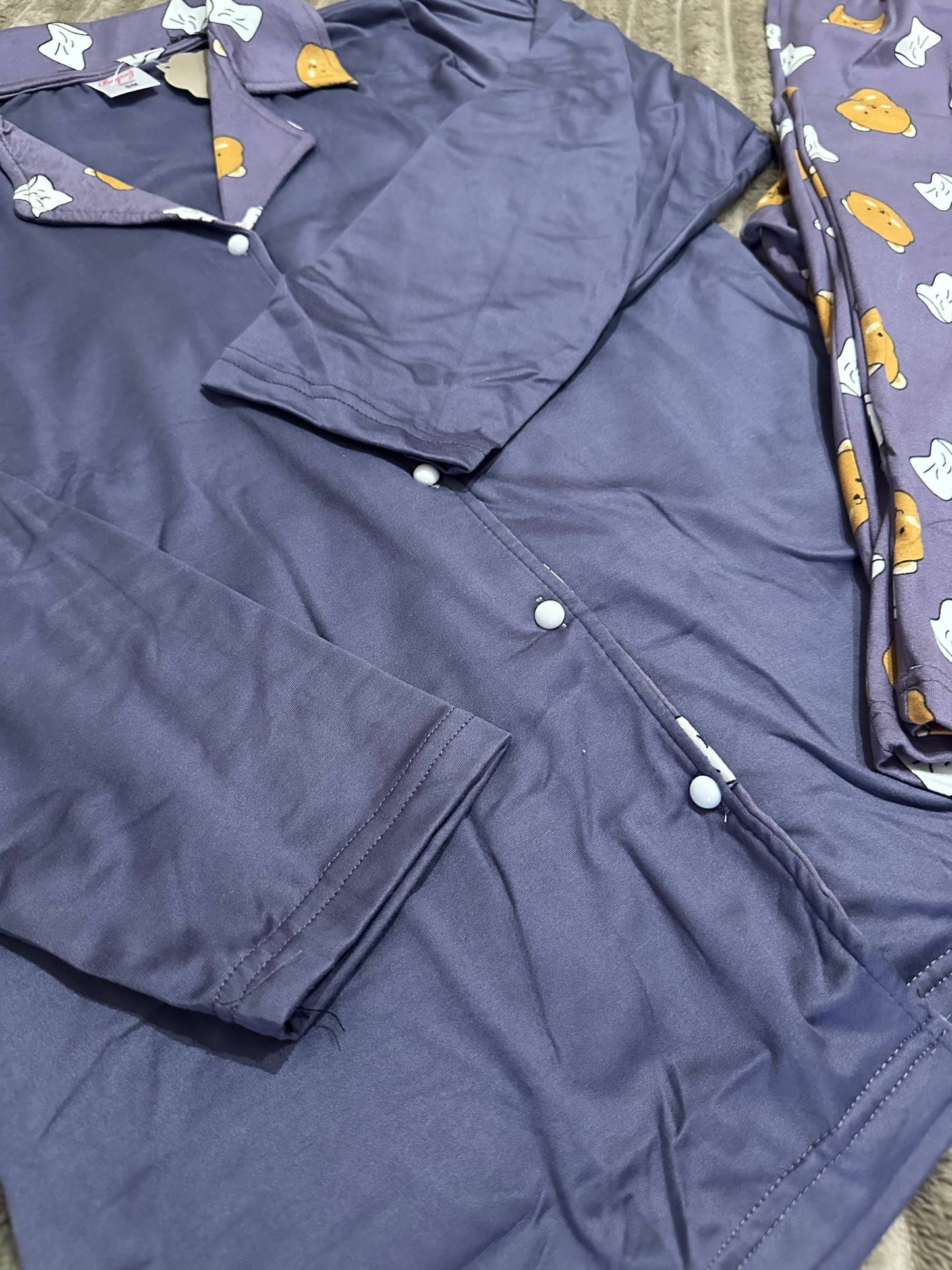 Women’s pajama set with cute bear print – navy & purple Viscose homewear